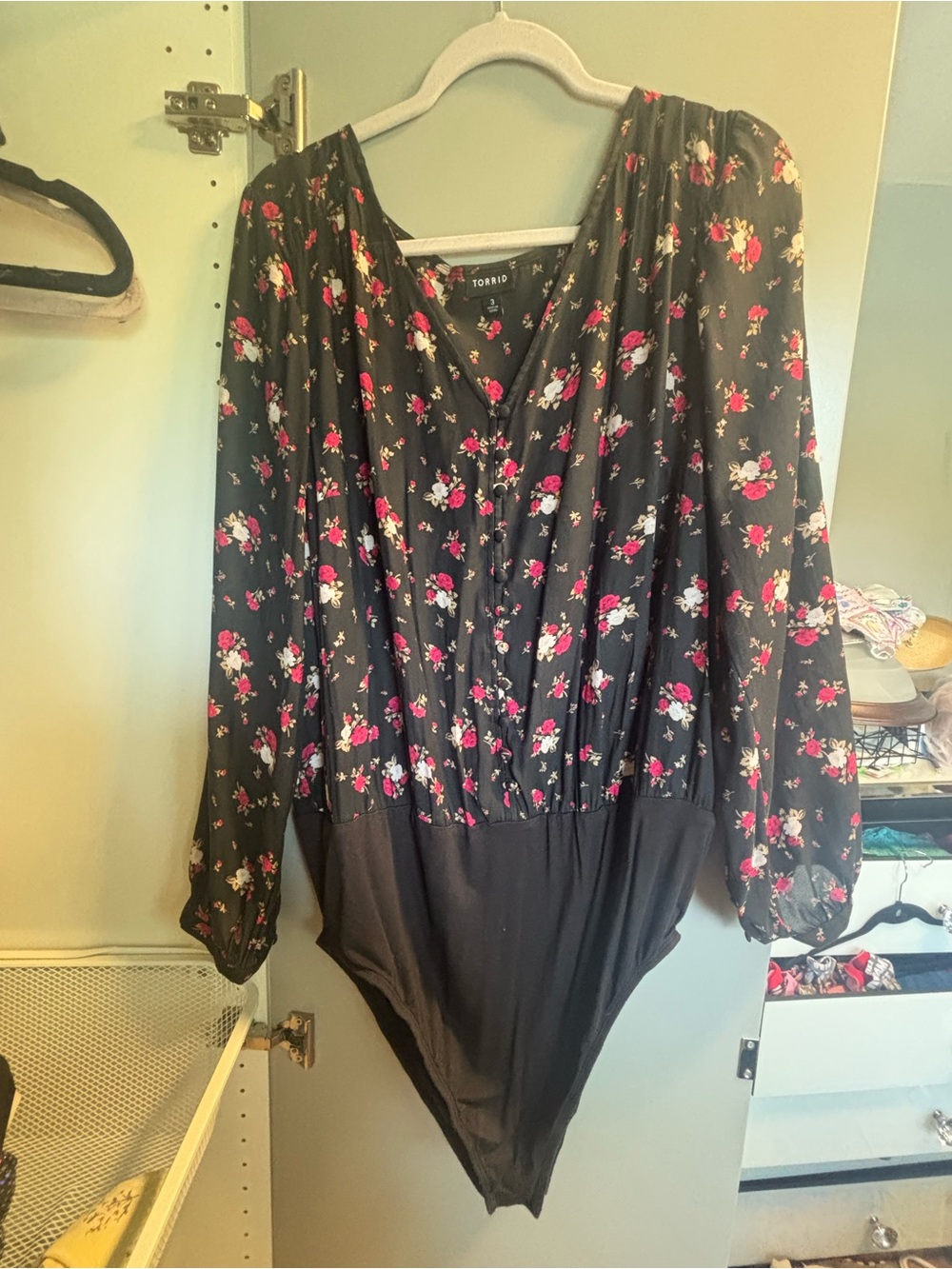 torrid Black Floral Long-Sleeve Bodysuit with Pink and White Flowers